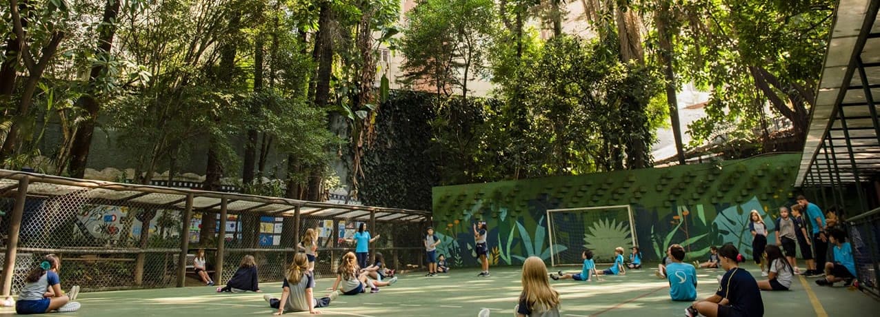 Alunos fazendo alongamento em quadra esportiva cercada por árvores no campus da escola